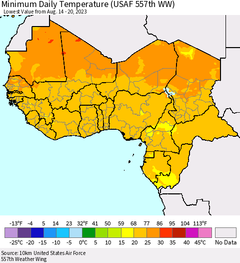 Western Africa Minimum Daily Temperature (USAF 557th WW) Thematic Map For 8/14/2023 - 8/20/2023