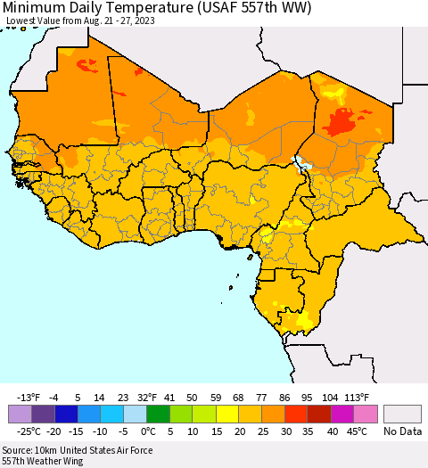 Western Africa Minimum Daily Temperature (USAF 557th WW) Thematic Map For 8/21/2023 - 8/27/2023