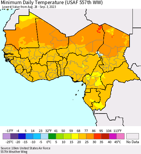 Western Africa Minimum Daily Temperature (USAF 557th WW) Thematic Map For 8/28/2023 - 9/3/2023