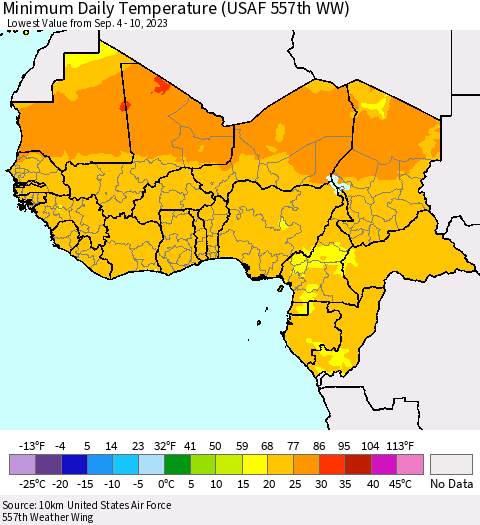 Western Africa Minimum Daily Temperature (USAF 557th WW) Thematic Map For 9/4/2023 - 9/10/2023