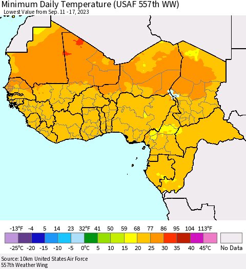 Western Africa Minimum Daily Temperature (USAF 557th WW) Thematic Map For 9/11/2023 - 9/17/2023