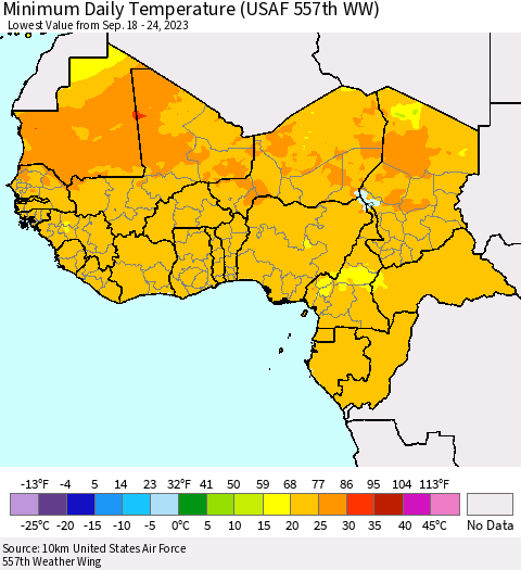 Western Africa Minimum Daily Temperature (USAF 557th WW) Thematic Map For 9/18/2023 - 9/24/2023