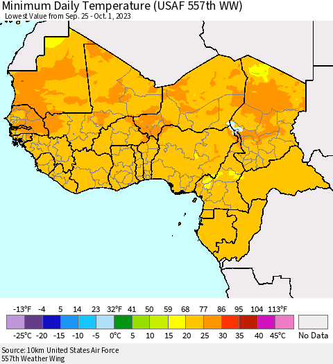Western Africa Minimum Daily Temperature (USAF 557th WW) Thematic Map For 9/25/2023 - 10/1/2023