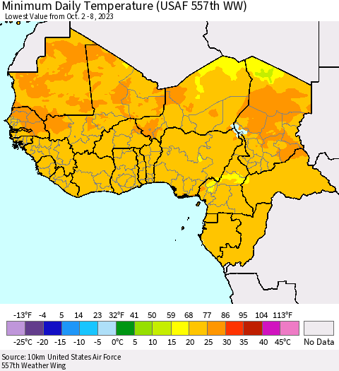 Western Africa Minimum Daily Temperature (USAF 557th WW) Thematic Map For 10/2/2023 - 10/8/2023