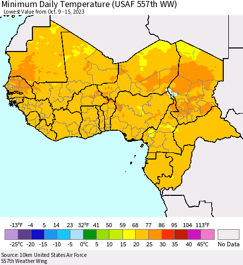 Western Africa Minimum Daily Temperature (USAF 557th WW) Thematic Map For 10/9/2023 - 10/15/2023