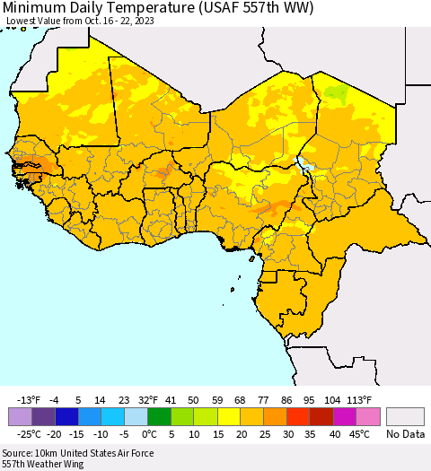 Western Africa Minimum Daily Temperature (USAF 557th WW) Thematic Map For 10/16/2023 - 10/22/2023