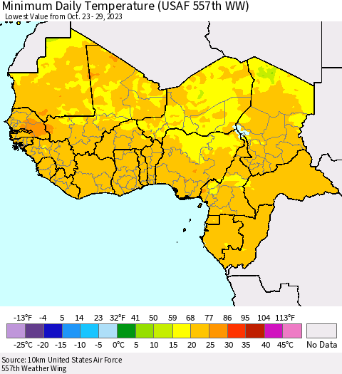 Western Africa Minimum Daily Temperature (USAF 557th WW) Thematic Map For 10/23/2023 - 10/29/2023
