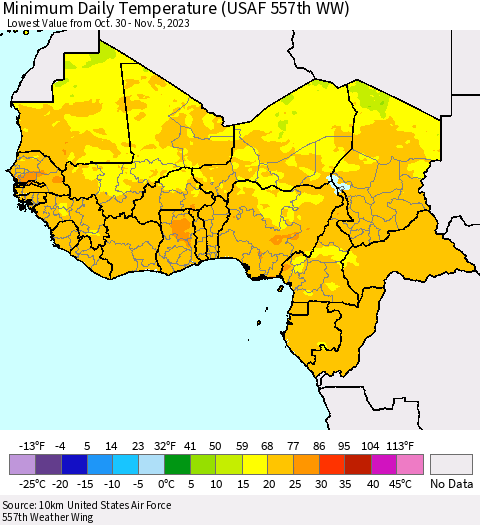 Western Africa Minimum Daily Temperature (USAF 557th WW) Thematic Map For 10/30/2023 - 11/5/2023