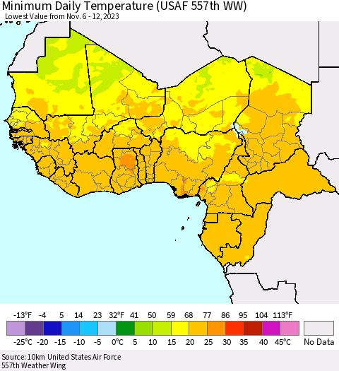 Western Africa Minimum Daily Temperature (USAF 557th WW) Thematic Map For 11/6/2023 - 11/12/2023