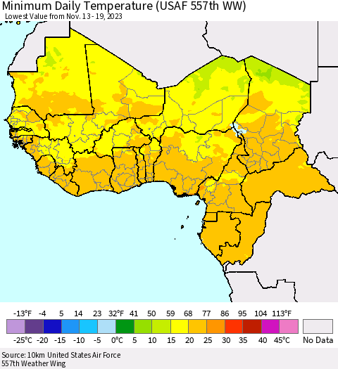Western Africa Minimum Daily Temperature (USAF 557th WW) Thematic Map For 11/13/2023 - 11/19/2023