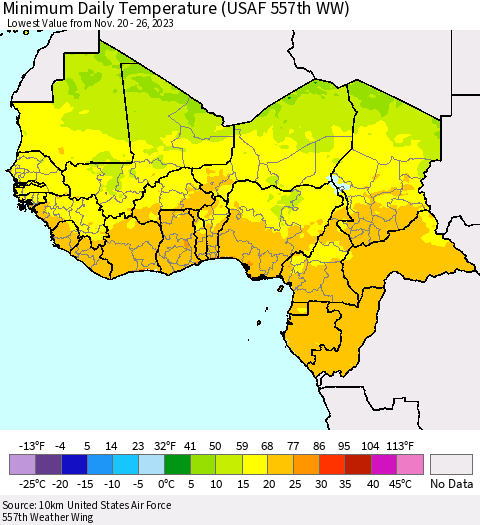 Western Africa Minimum Daily Temperature (USAF 557th WW) Thematic Map For 11/20/2023 - 11/26/2023