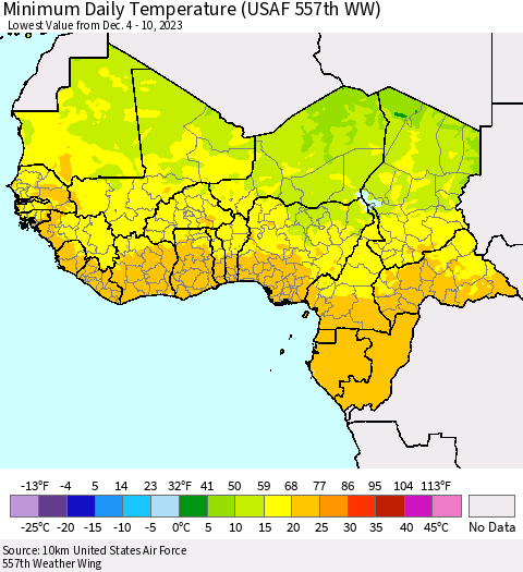 Western Africa Minimum Daily Temperature (USAF 557th WW) Thematic Map For 12/4/2023 - 12/10/2023
