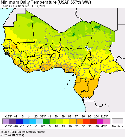 Western Africa Minimum Daily Temperature (USAF 557th WW) Thematic Map For 12/11/2023 - 12/17/2023