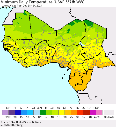 Western Africa Minimum Daily Temperature (USAF 557th WW) Thematic Map For 12/18/2023 - 12/24/2023