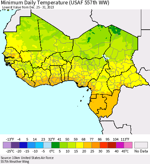 Western Africa Minimum Daily Temperature (USAF 557th WW) Thematic Map For 12/25/2023 - 12/31/2023