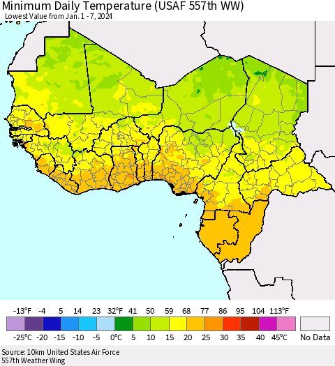 Western Africa Minimum Daily Temperature (USAF 557th WW) Thematic Map For 1/1/2024 - 1/7/2024