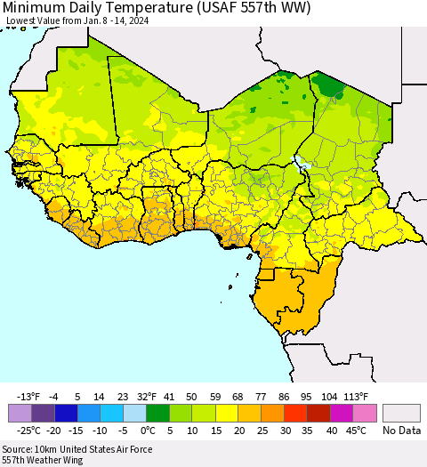 Western Africa Minimum Daily Temperature (USAF 557th WW) Thematic Map For 1/8/2024 - 1/14/2024