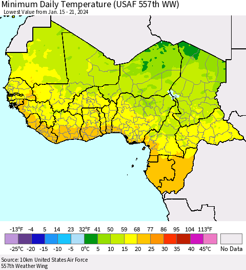 Western Africa Minimum Daily Temperature (USAF 557th WW) Thematic Map For 1/15/2024 - 1/21/2024