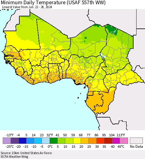 Western Africa Minimum Daily Temperature (USAF 557th WW) Thematic Map For 1/22/2024 - 1/28/2024