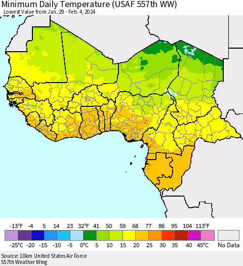 Western Africa Minimum Daily Temperature (USAF 557th WW) Thematic Map For 1/29/2024 - 2/4/2024