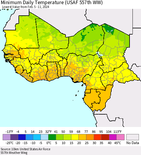 Western Africa Minimum Daily Temperature (USAF 557th WW) Thematic Map For 2/5/2024 - 2/11/2024
