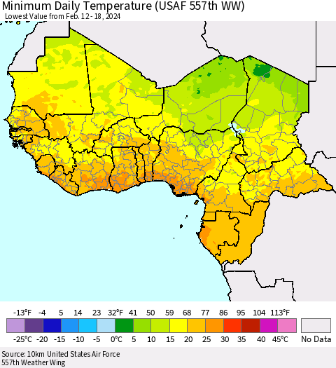 Western Africa Minimum Daily Temperature (USAF 557th WW) Thematic Map For 2/12/2024 - 2/18/2024