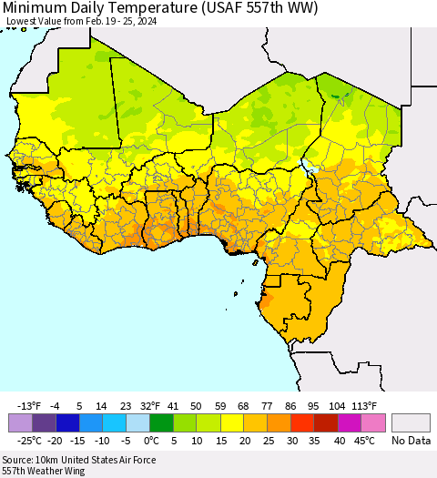 Western Africa Minimum Daily Temperature (USAF 557th WW) Thematic Map For 2/19/2024 - 2/25/2024