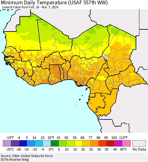 Western Africa Minimum Daily Temperature (USAF 557th WW) Thematic Map For 2/26/2024 - 3/3/2024