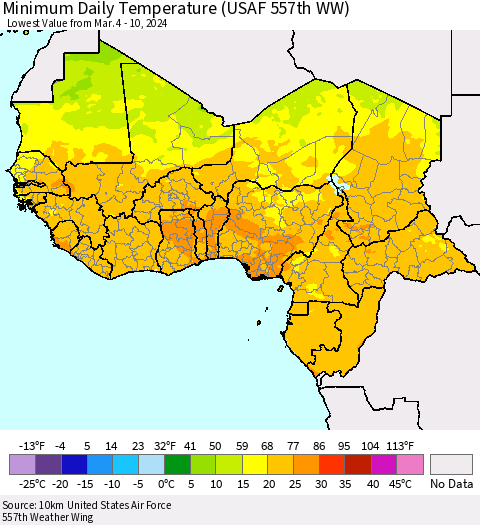 Western Africa Minimum Daily Temperature (USAF 557th WW) Thematic Map For 3/4/2024 - 3/10/2024