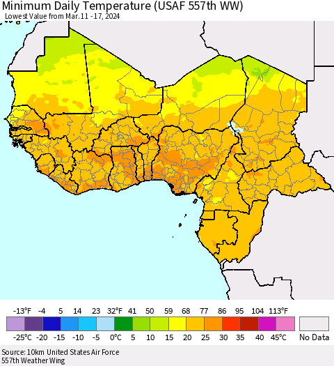 Western Africa Minimum Daily Temperature (USAF 557th WW) Thematic Map For 3/11/2024 - 3/17/2024