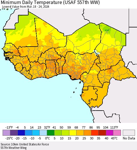 Western Africa Minimum Daily Temperature (USAF 557th WW) Thematic Map For 3/18/2024 - 3/24/2024