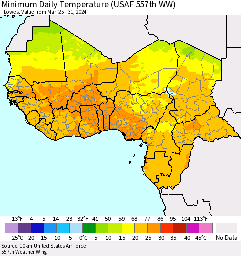 Western Africa Minimum Daily Temperature (USAF 557th WW) Thematic Map For 3/25/2024 - 3/31/2024