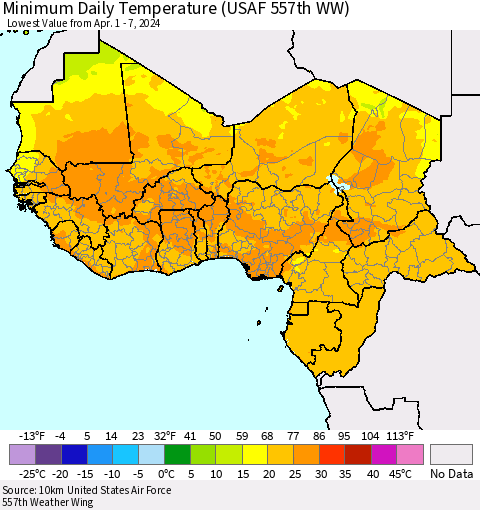 Western Africa Minimum Daily Temperature (USAF 557th WW) Thematic Map For 4/1/2024 - 4/7/2024