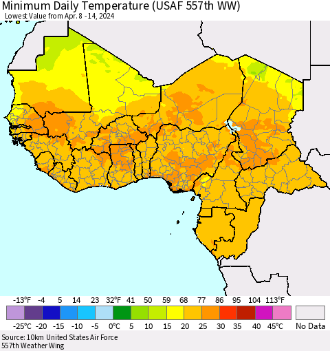 Western Africa Minimum Daily Temperature (USAF 557th WW) Thematic Map For 4/8/2024 - 4/14/2024