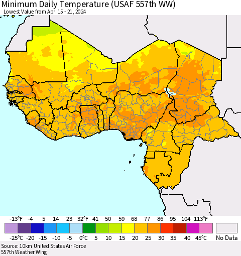 Western Africa Minimum Daily Temperature (USAF 557th WW) Thematic Map For 4/15/2024 - 4/21/2024