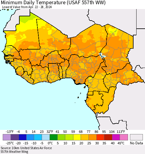 Western Africa Minimum Daily Temperature (USAF 557th WW) Thematic Map For 4/22/2024 - 4/28/2024