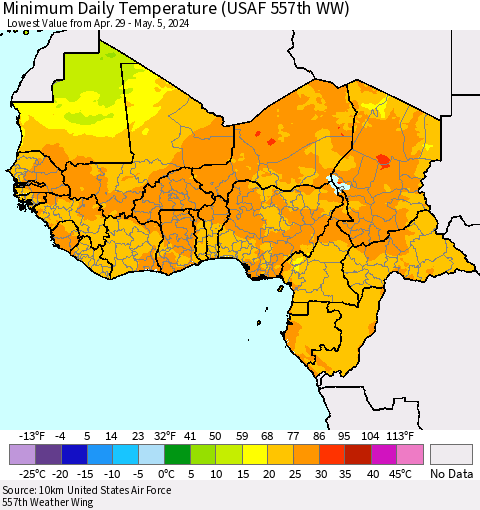Western Africa Minimum Daily Temperature (USAF 557th WW) Thematic Map For 4/29/2024 - 5/5/2024