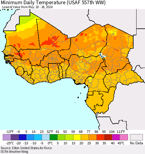Western Africa Minimum Daily Temperature (USAF 557th WW) Thematic Map For 5/20/2024 - 5/26/2024