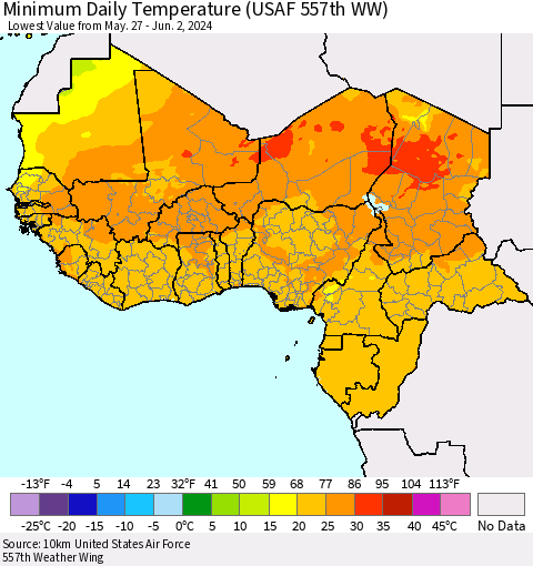 Western Africa Minimum Daily Temperature (USAF 557th WW) Thematic Map For 5/27/2024 - 6/2/2024