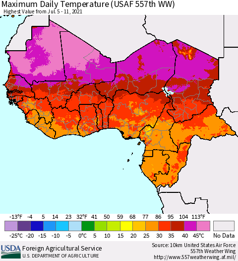 Western Africa Maximum Daily Temperature (USAF 557th WW) Thematic Map For 7/5/2021 - 7/11/2021