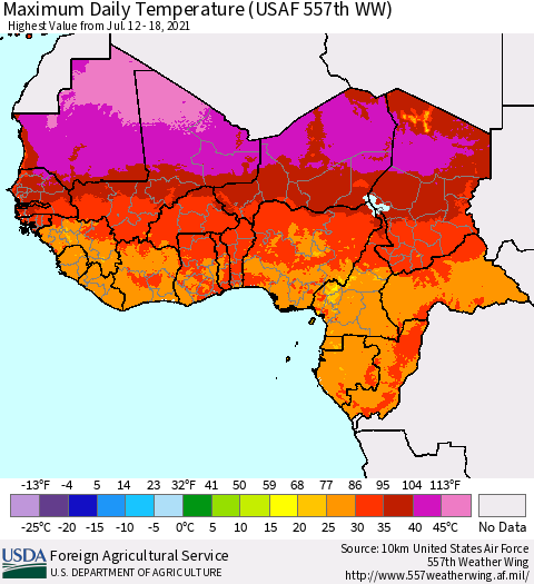Western Africa Maximum Daily Temperature (USAF 557th WW) Thematic Map For 7/12/2021 - 7/18/2021