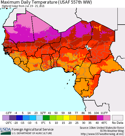 Western Africa Maximum Daily Temperature (USAF 557th WW) Thematic Map For 7/19/2021 - 7/25/2021