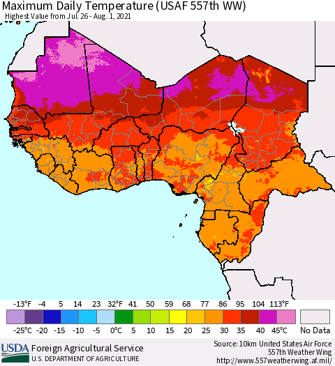 Western Africa Maximum Daily Temperature (USAF 557th WW) Thematic Map For 7/26/2021 - 8/1/2021