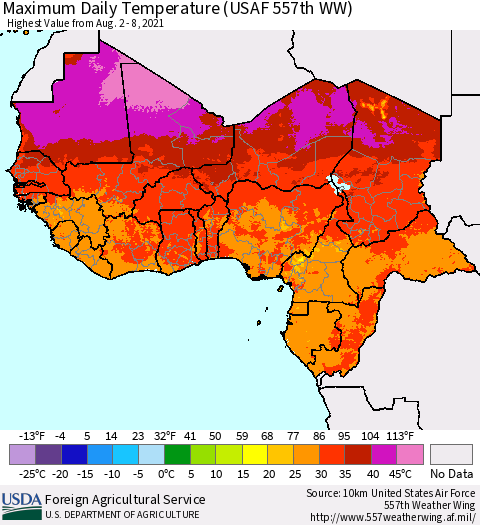 Western Africa Maximum Daily Temperature (USAF 557th WW) Thematic Map For 8/2/2021 - 8/8/2021