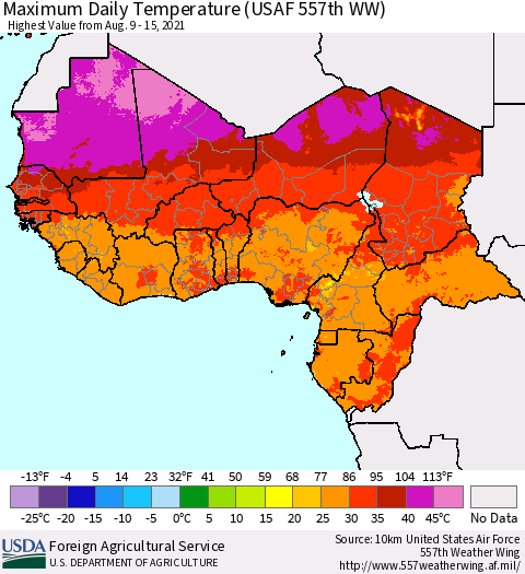 Western Africa Maximum Daily Temperature (USAF 557th WW) Thematic Map For 8/9/2021 - 8/15/2021