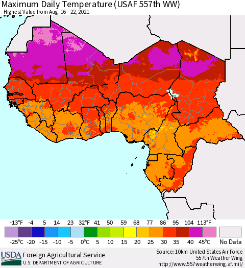 Western Africa Maximum Daily Temperature (USAF 557th WW) Thematic Map For 8/16/2021 - 8/22/2021