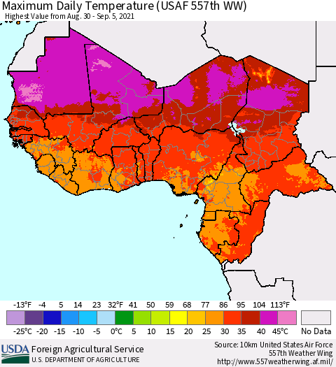 Western Africa Maximum Daily Temperature (USAF 557th WW) Thematic Map For 8/30/2021 - 9/5/2021