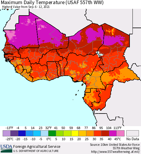 Western Africa Maximum Daily Temperature (USAF 557th WW) Thematic Map For 9/6/2021 - 9/12/2021