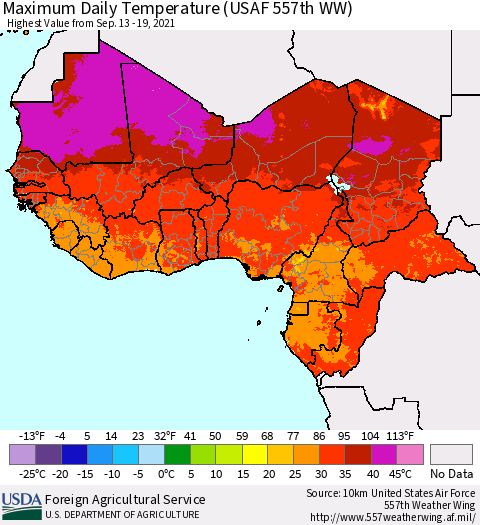 Western Africa Maximum Daily Temperature (USAF 557th WW) Thematic Map For 9/13/2021 - 9/19/2021