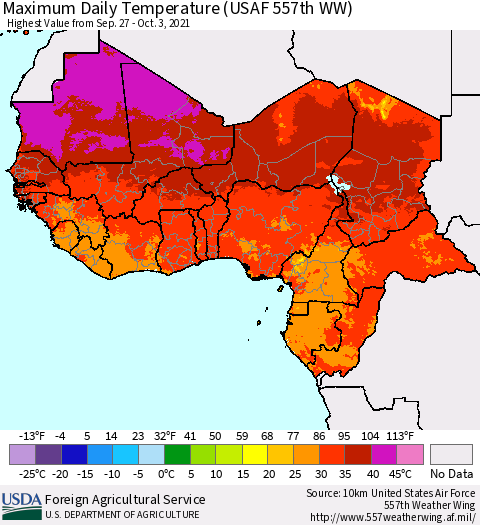 Western Africa Maximum Daily Temperature (USAF 557th WW) Thematic Map For 9/27/2021 - 10/3/2021
